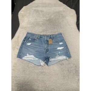 New Levi's 501‎ Womens Blue High Rise Denim Jean Shorts Distress Fray 33